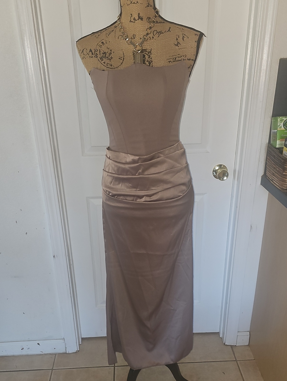 Source Unknown Strapless Satin Evening Dress in Taupe